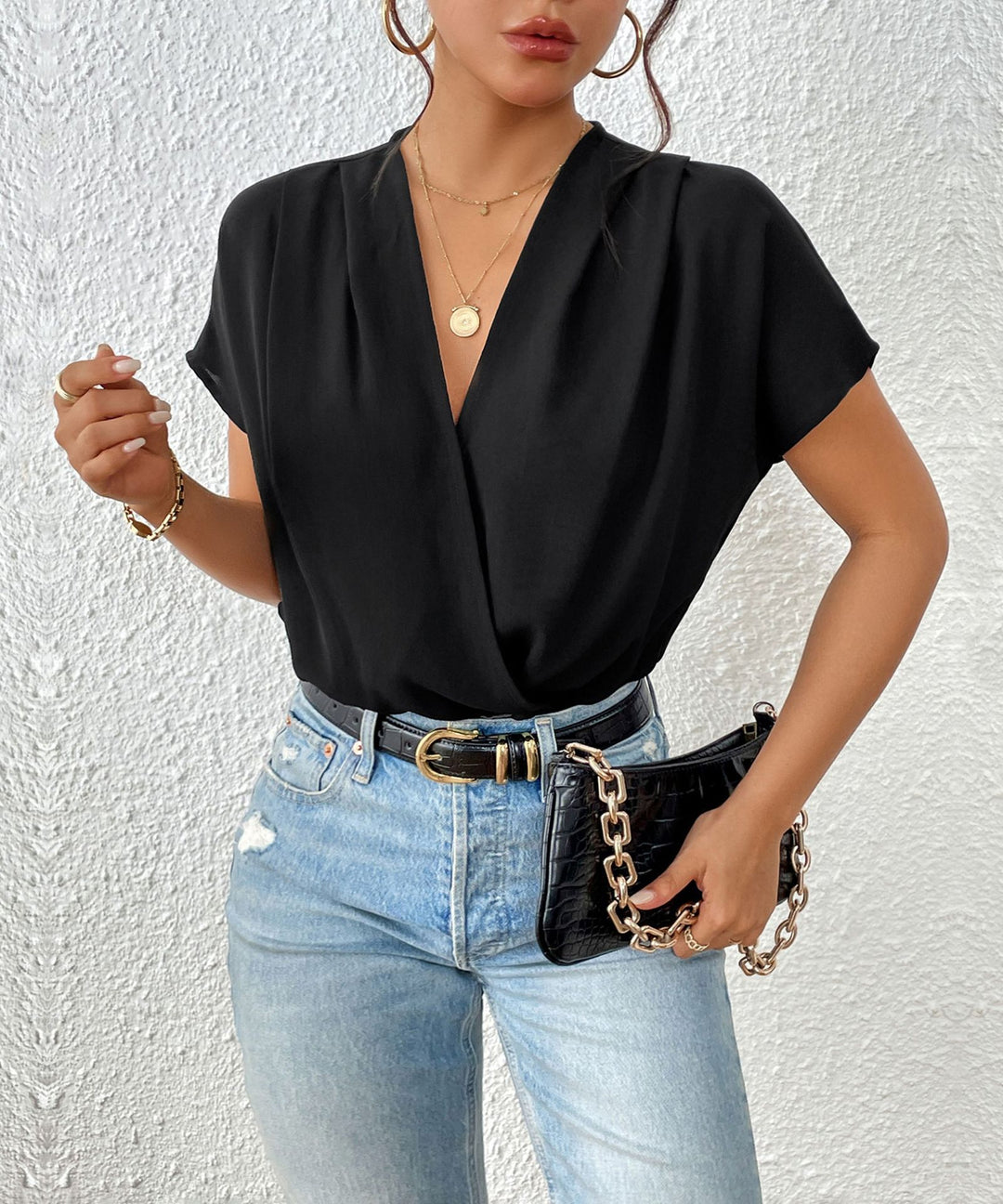Damen Blusenshirt mit eleganter Wickeloptik und kurzen Ärmeln EB
