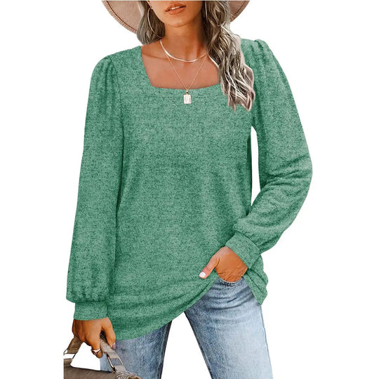 Damen Legerer Feinstrick-Pullover mit quadratischem Ausschnitt, Puffschulter und Bündchen EB