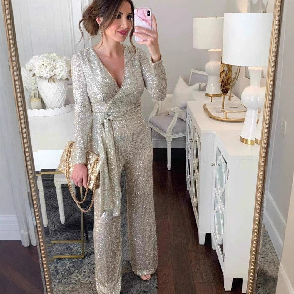 Damen Eleganter Jumpsuit mit V-Ausschnitt und schimmerndem Detail EB