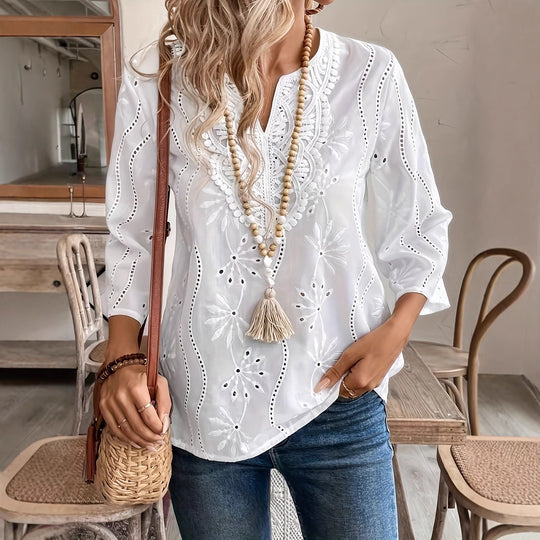 Damen elegante Tambour-Bluse mit floralen Stickereien EB