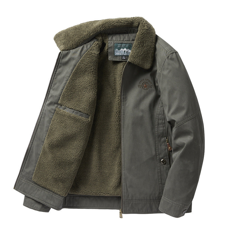 Men's  sherpa-lined canvas chore jacket with full fleece interior and zip closure EB