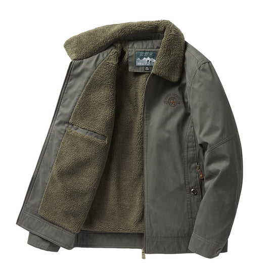 Men's  sherpa-lined canvas chore jacket with full fleece interior and zip closure EB