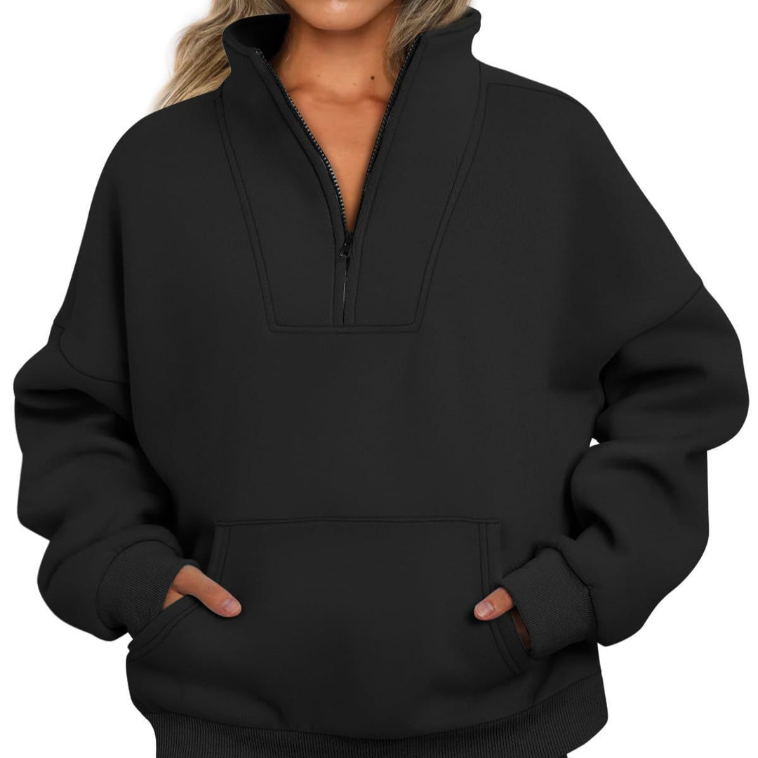 Damen nan oversized Halbzip-Hoodie mit hohem Stehkragen, Kängurutasche und gerippten Bündchen EB