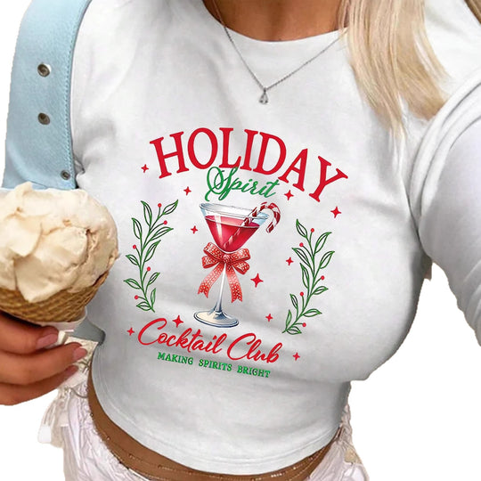 Damen Crop-Top mit kreativen Cocktail-Motiv und festlichem Aufdruck EB