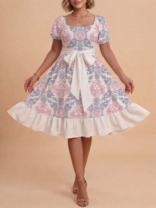 Damen Retro Maxikleid mit Puffärmeln und Taillengürtel EB