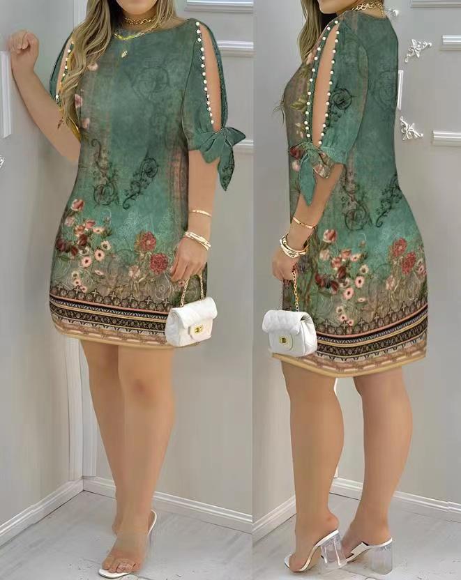 Damen Sommerkleid mit floralen Motiven und schulterfreiem Design EB