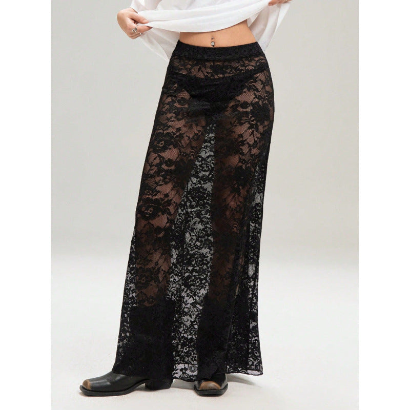 Damen Elegante Spitzenmaxi-Rock mit durchscheinendem Design und seitlichem Schlitz EB