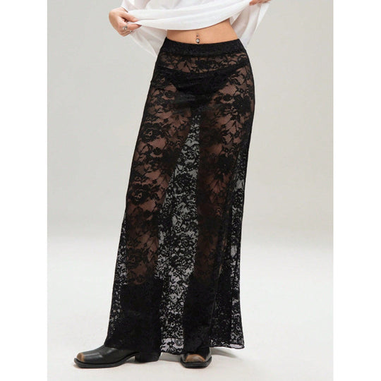 Damen Elegante Spitzenmaxi-Rock mit durchscheinendem Design und seitlichem Schlitz EB