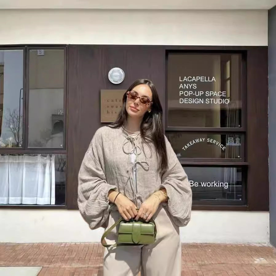Damen leicht gefütterte Knitjacke mit Kordelzug und weiten Ärmeln EB