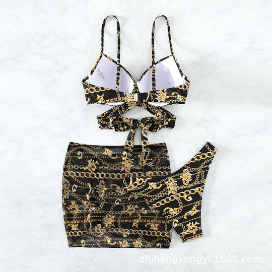 Damen Bikini mit ausgefallenem Kettenmuster und integriertem Rock EB
