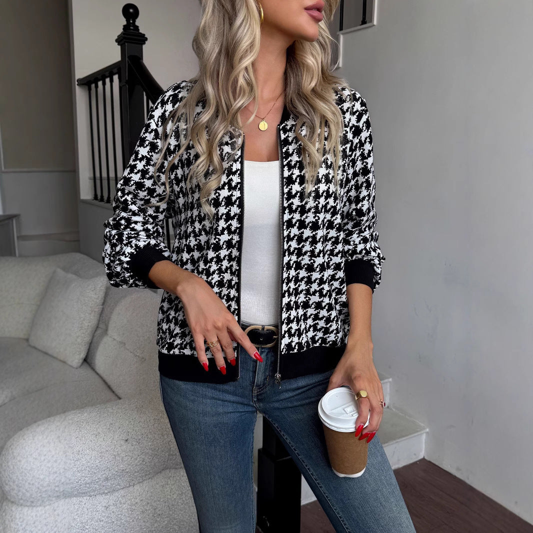 Damen Modischer Bomberjacke mit klassischem Hahnentrittmuster EB