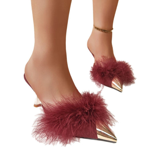Damen Glamouröse Mules mit geflügeltem Lammfell und leuchtendem Absatz EB