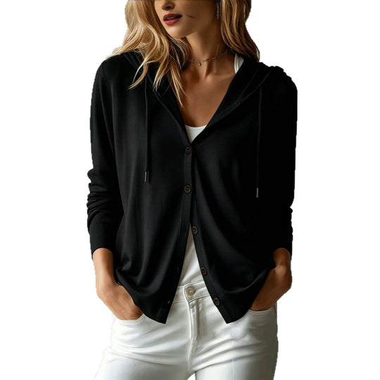 Damen nan leichter Kapuzen-Cardigan mit Knopfleiste und Tunnelzug EB
