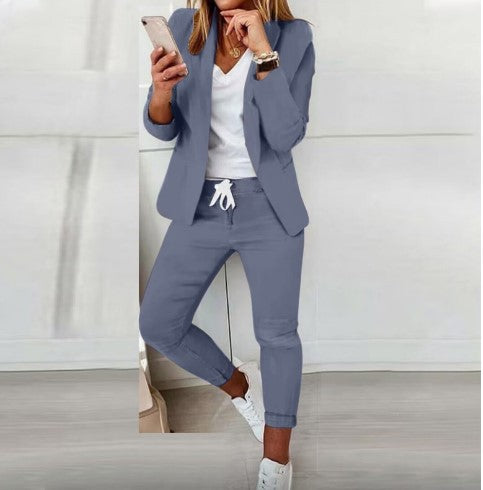 Damen nan lässiges Hosenanzug-Set mit Joggerhose, Kordelzug und tailliertem Blazer EB