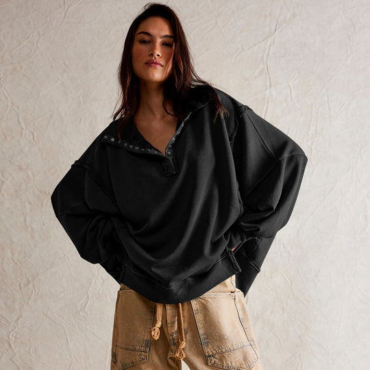Damen Oversize Pullover mit Kragen und Druckknöpfen EB