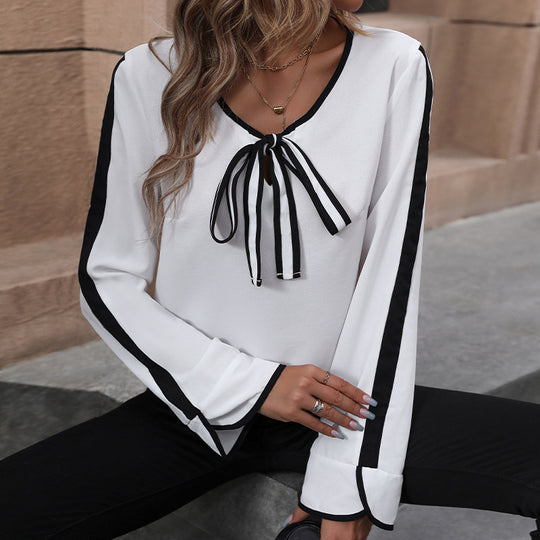 Damen Elegante Chiffon-Bluse mit Kontrastpaspel, Schleifenbindeband und Trompetenärmeln EB