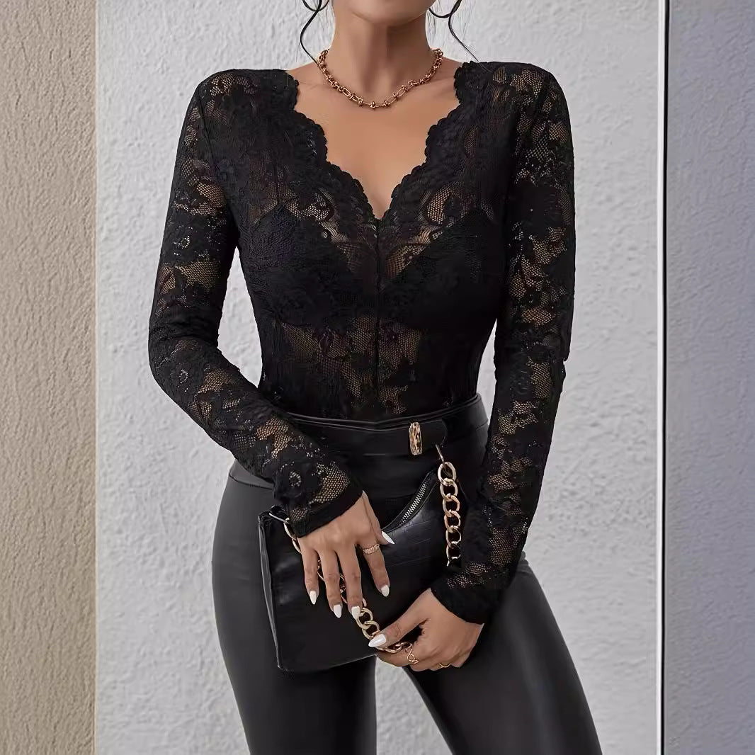 Damen nan transparenter Spitzenbody mit tiefem V-Ausschnitt und geformten Cups EB