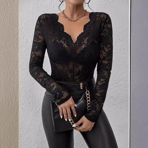 Damen nan transparenter Spitzenbody mit tiefem V-Ausschnitt und geformten Cups EB