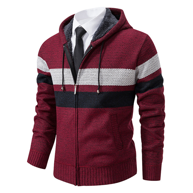 Herren nan gefütterte Kapuzen-Strickjacke mit Teddyfutter, durchgehendem Reißverschluss und kontrastierenden Streifen EB