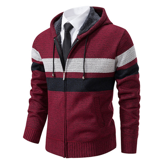 Herren nan gefütterte Kapuzen-Strickjacke mit Teddyfutter, durchgehendem Reißverschluss und kontrastierenden Streifen EB