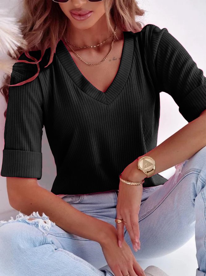 Damen V-Ausschnitt Kurzarmshirt aus geripptem Stoff EB