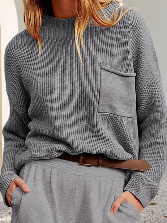 Damen Strickpullover mit weitem Schnitt und praktischer Brusttasche EB