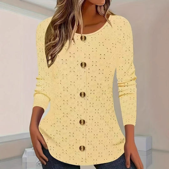 Damen Langarm Blusenshirt mit dekorativen Knopfdetails und filigranem Lochmuster EB