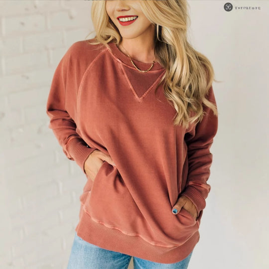 Damen lässiger V-Ausschnitt Sweatshirt mit Raglanärmeln und seitlichen Taschen EB