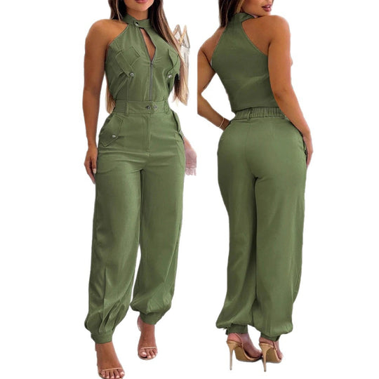 Damen modischer einteiliger Overall mit hohem Kragen und praktischen Taschen EB