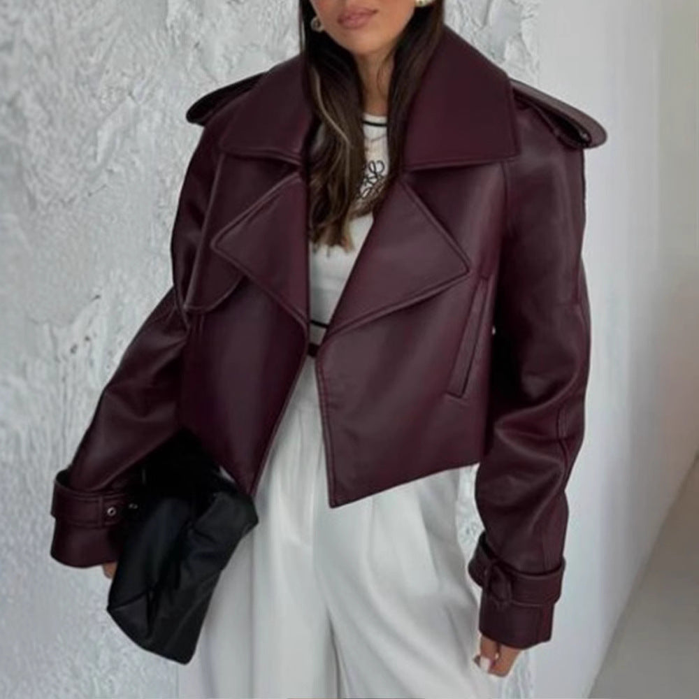 Damen Kunstlederjacke im modischen Biker-Stil mit breitem Revers EB