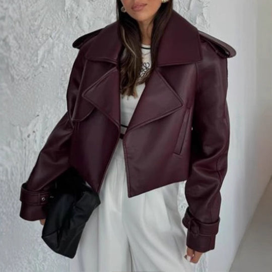 Damen Kunstlederjacke im modischen Biker-Stil mit breitem Revers EB