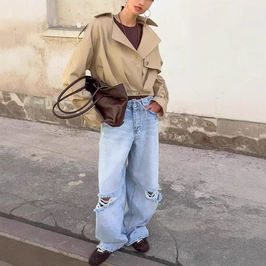 Damen Trendige Cropped Trenchjacke mit innovativen Ärmeln EB