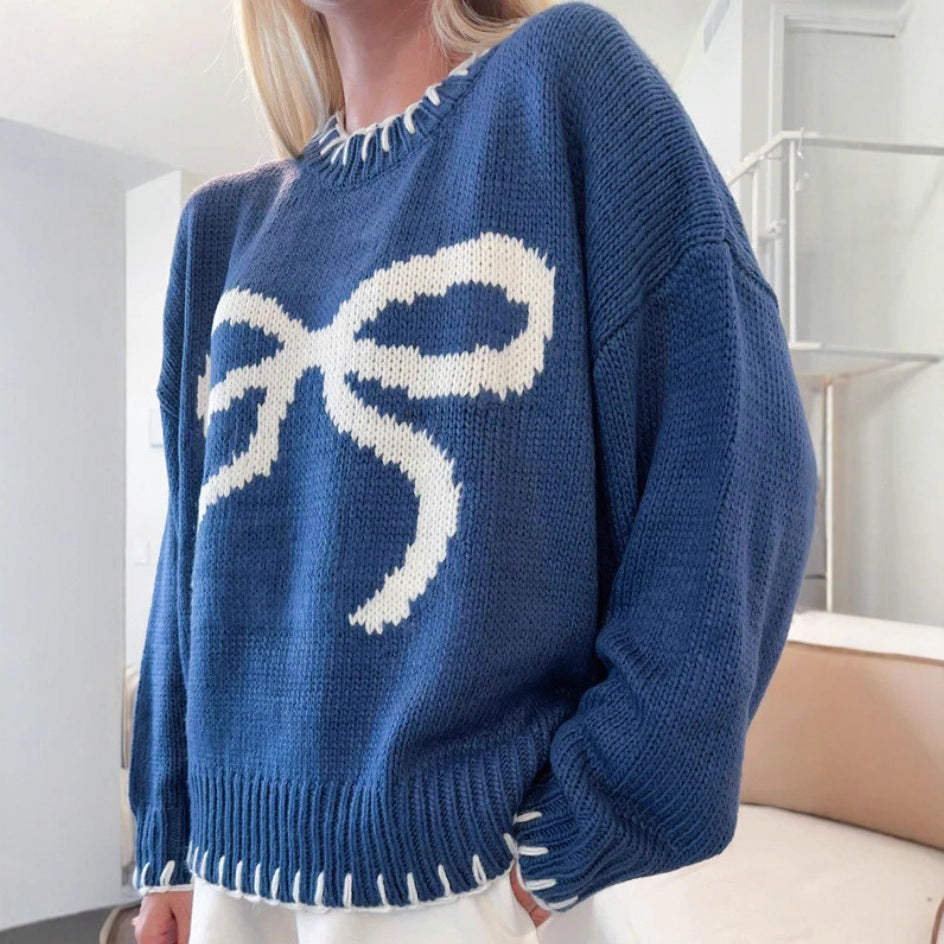 Damen lässiger Pullover mit kontrastierenden Schleifen-Detail und geripptem Saum EB