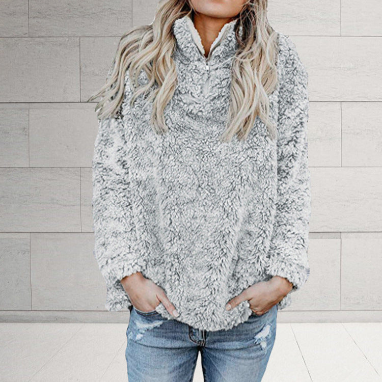 Damen Flauschige Fleece-Pulloverjacke mit hohem Kragen und Reißverschluss EB