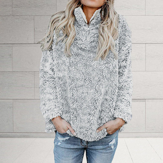 Damen Flauschige Fleece-Pulloverjacke mit hohem Kragen und Reißverschluss EB