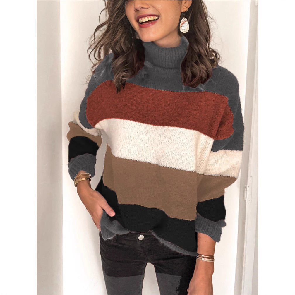 Damen modischer Strickpullover mit lässigem Rollkragen und farbiger Blockgestaltung EB