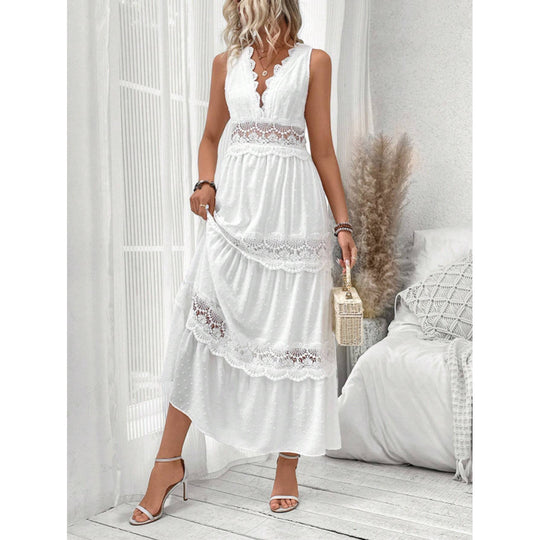 Damen romantisches Maxikleid mit Spitzenapplikationen und punktiertem Design EB