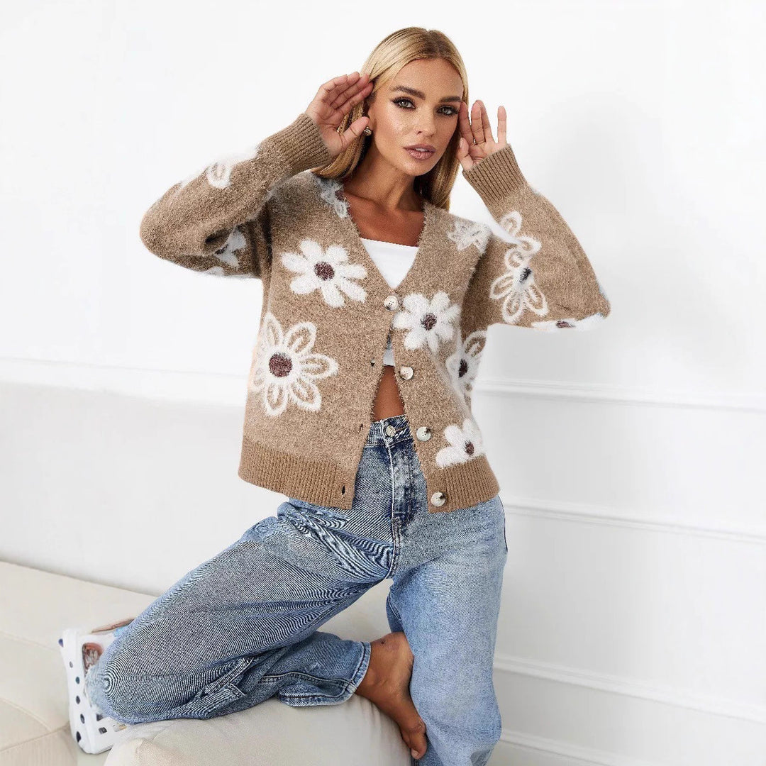 Damen Strickjacke mit floralem Muster und komfortabler Passform EB