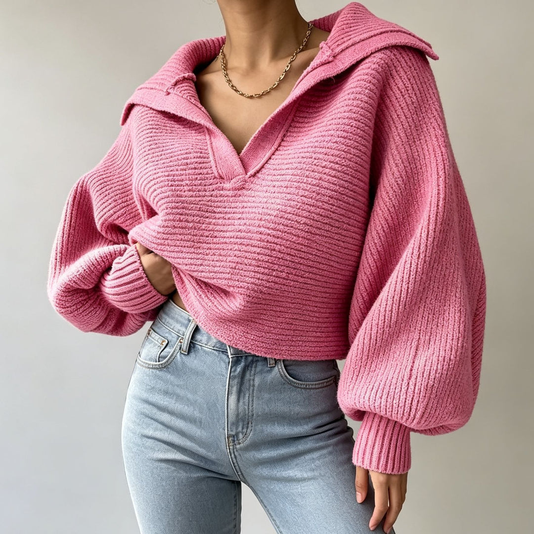 Damen Oversize-Strickpullover mit Matrosenkragen und tiefem V-Ausschnitt EB