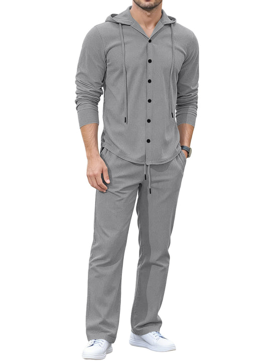 Herren Lässiges Knopf‑Hoodie Lounge‑Set aus Jersey mit Kordelzug und Komfort‑Jogger EB