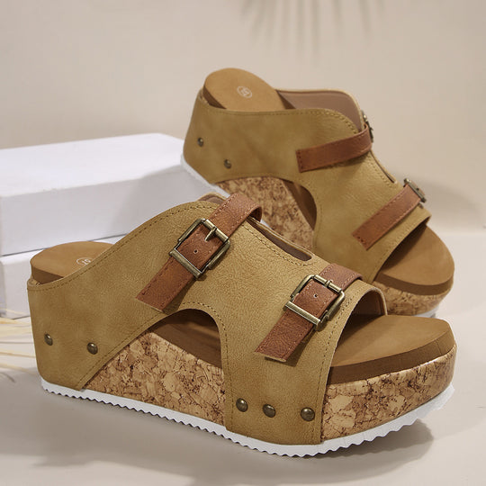 Damen Wedge-Sandalen mit verstellbarem Doppelschnallen-Design EB