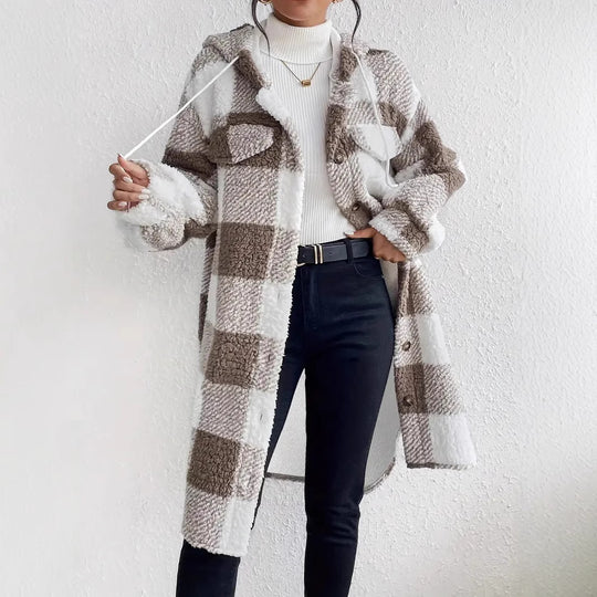 Damen Plüschige Karojacke im Oversized-Stil mit Knopfleiste EB