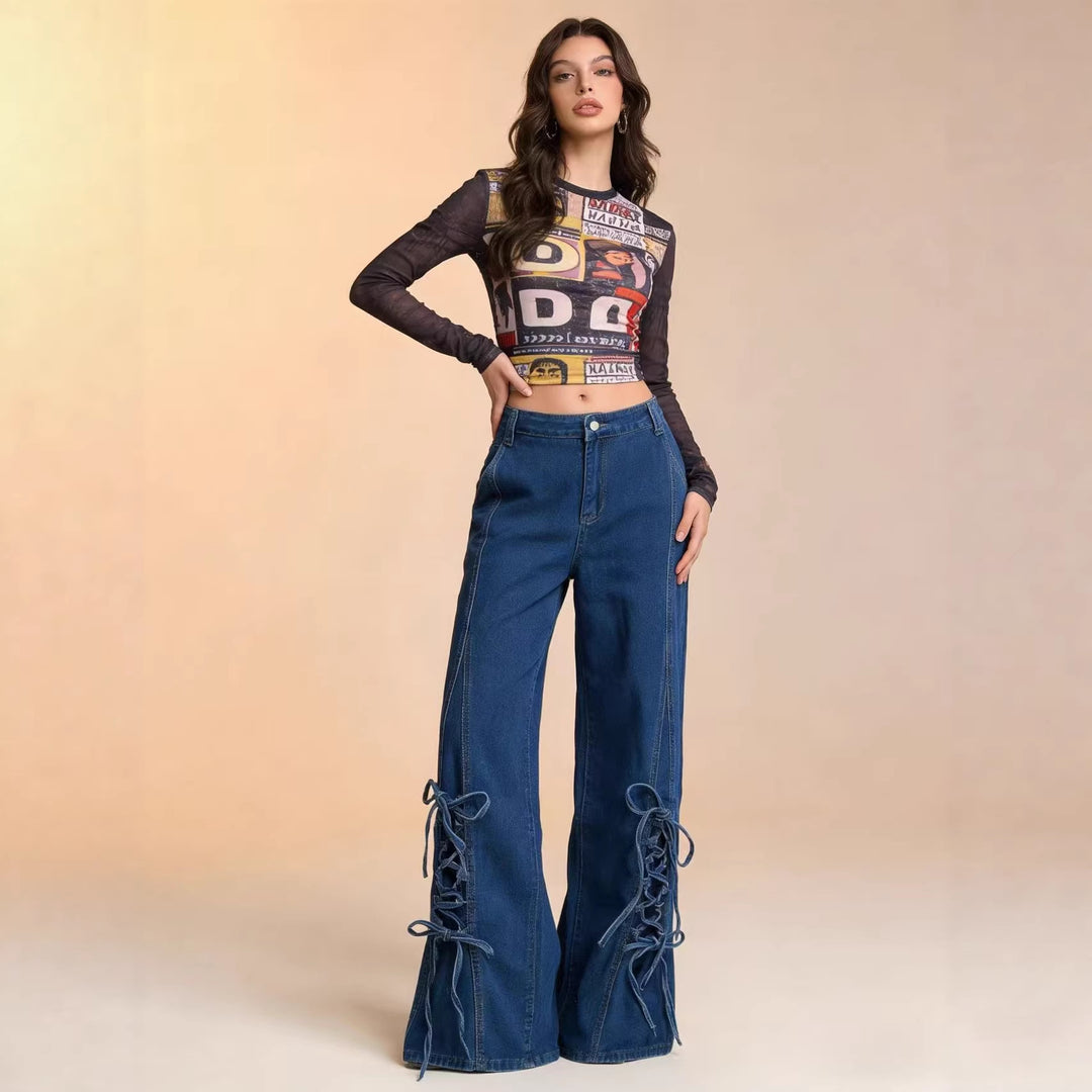 Damen Weite Jeans mit Schnürdetails