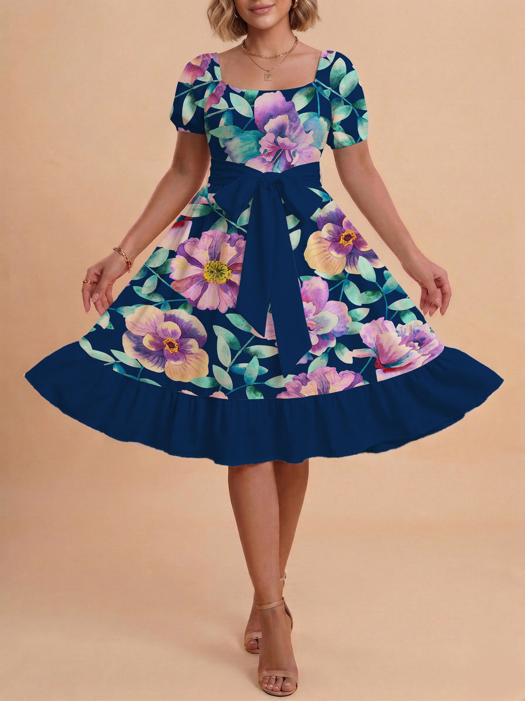 Damen Blumenkleid mit taillierbarem Gürtel und voluminösen Ärmeln EB