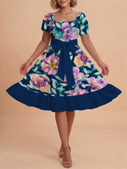 Damen Blumenkleid mit taillierbarem Gürtel und voluminösen Ärmeln EB
