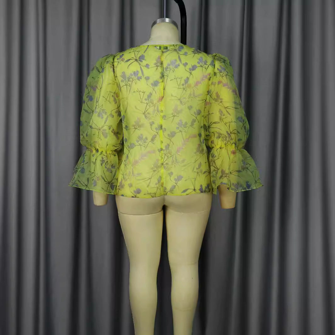 Damen blumige Chiffonbluse mit voluminösen Ärmeln EB