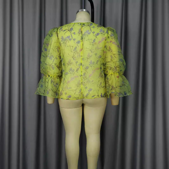 Damen blumige Chiffonbluse mit voluminösen Ärmeln EB