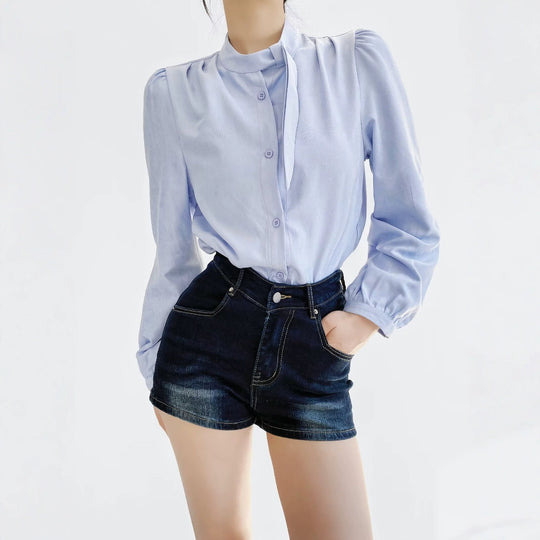 Damen Bluse mit Bindegurt und eleganten Puffärmeln EB