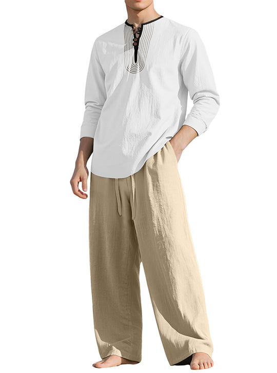 Herren nan Tunika- und Palazzohose-Set mit Henley-Blende, Zierstickerei und weitem Schnitt EB