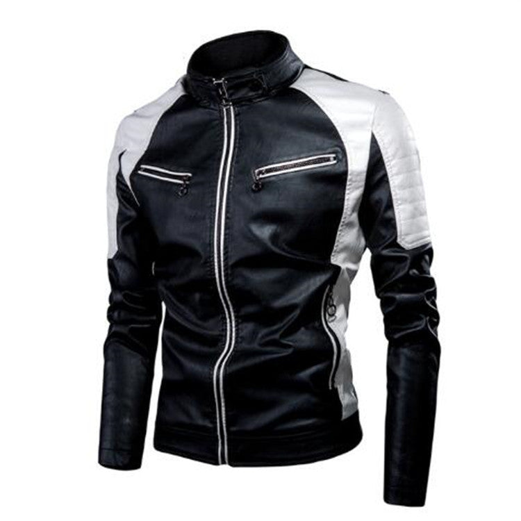 Herren Kunstleder-Bikerjacke im Racing-Stil mit gesteppter Schulterpartie und Stehkragen EB